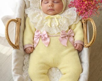 Princess Knit Newborn Girl Yellow Going Home Outfit Baby take me home Spanish Set Coming bebe primera puesta embarazada sala maternidad