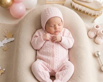 Neugeborenes Mädchen, gestricktes Heimkehr-Outfit, hellrosa Rosen-Strickset, spanisches Baby-Set, Stickerei, Trikot, Krankenhaus