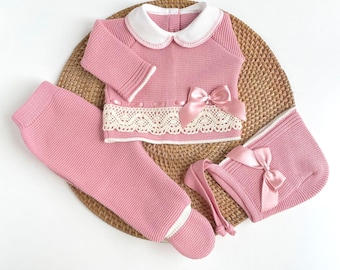 Spanisches Strickset für Neugeborene, Lätzchen, erstes Set für Babys, Strickkleidung für Mädchen, Outfit für die Heimfahrt aus dem Krankenhaus, erster Strampler, Strickanzug für Schwangere