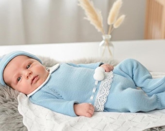 Trikot-Jungenstrick, blau, Heimreise, erstes Outfit für Neugeborene, spanische Strickware, Primera Posita Kleidung, Baby-Strampler, Umstandszimmer