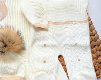 Erstes Outfit für Neugeborene (Junge) – Bärenmotiv, spanisch, gestrickt, Primera Posita, Baby-Strickkleidung, Strampler, Schwangerschaftssocke, klassisch, für zu Hause, Baby