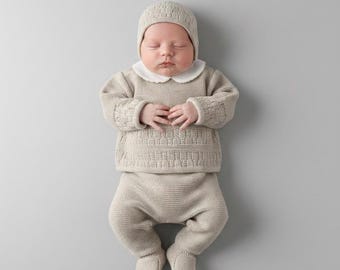 Neugeborenen-Baumwollstrick, braun, erstes Outfit für Jungen, spanischer Strick, Primera Puesta Baby-Strampler, Schwangerschaftsanzug, Strick-Babyzimmer