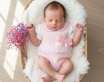Spanisches Strickset für Neugeborene, Lätzchen, erstes Set für Babys, Strickkleidung für Mädchen, Outfit für die Heimfahrt aus dem Krankenhaus, erster Strampler, Strickanzug für Schwangere