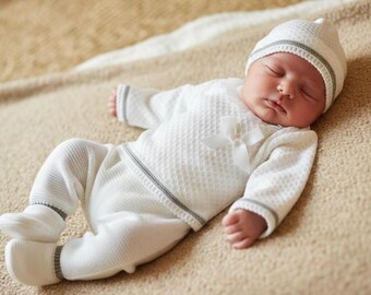 Gestricktes Outfit für Neugeborene (Jungen) – Erstes Outfit für die Heimreise (spanisches Krankenhaus) – Strickmuster für Babys (Primera Posita) – Strampler – Traje Punto Bebe