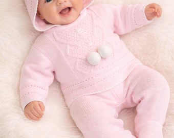 Neugeborenes Mädchen Rosa Heimkehr-Outfit Strickset aus spanischem Trikot mit Stickerei, Krankenhaus-Baby-Umstandsmode