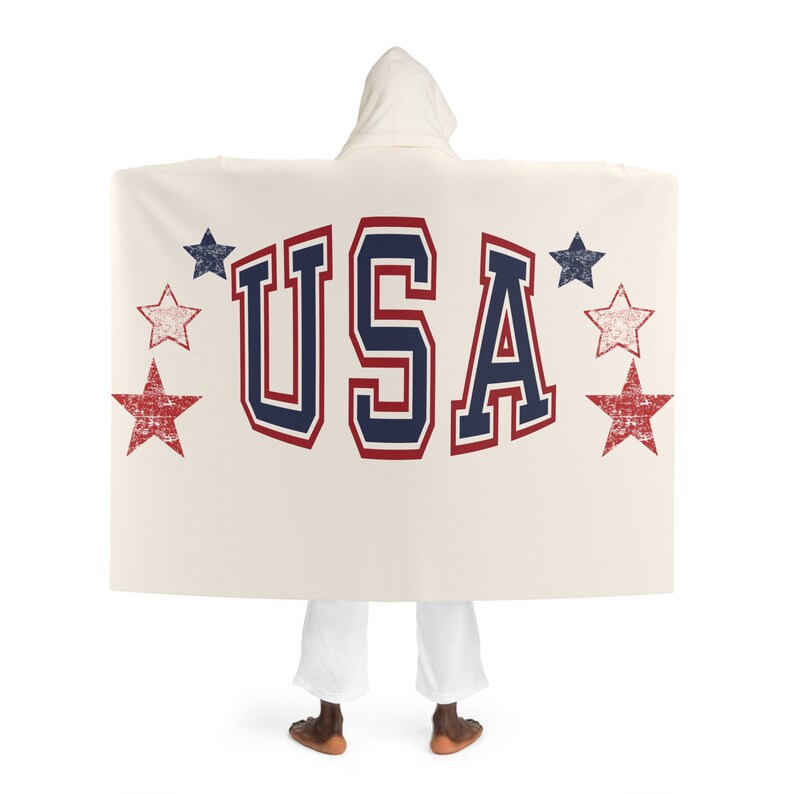 USA Stars Sherpa Hooded Blanket, Patriotic Wearable Blanket image 2