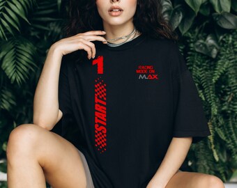 May include: Black t-shirt with a red number one and checkered flag design. The text "Racing Mode On Max" is printed on the shirt.