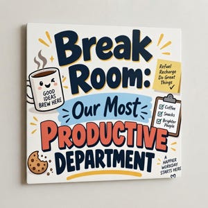 May include: A square wall sign featuring the text Break Room: Our Most Productive Department. It includes a smiling coffee mug with Good Ideas Brew Here, a yellow sticky note with Refuel Recharge Do Great Things, and a clipboard checklist.