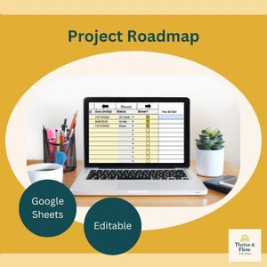 May include: A laptop displaying a project roadmap in Google Sheets. The screen shows a table with columns for due dates, status, and checkboxes. The image also includes a coffee cup, pens, and a small plant.