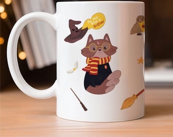 Potter Mug, Cat Design, Potter Fan Mug, Magic Mug, Magic School Mug, Cat Mug
