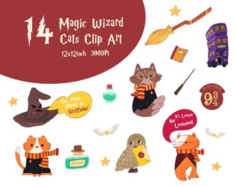 Wizard Clip art, School of Magic, Cat Design, png artwork, movie inspired, Cat lovers, Print, Clip art Bundle