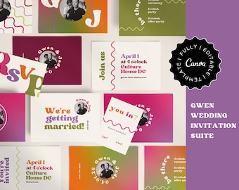 Wedding Invitation Suite -  Gwen Collection - colorful retro editable canva templates