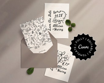 Wedding Save the Date - Atticus Collection - Editable canva template handwritten ink dark academia inspired