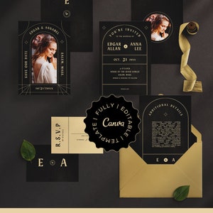 Gothic Wedding Invitation bundle • Editable Canva Templates • Dark Wedding • Save the dates, Invites, RSVP cards • Annabel Collection