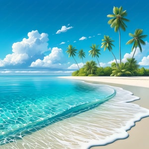 Peut inclure: Une scène de plage tropicale avec du sable blanc, de l'eau bleu clair et des palmiers. L'eau est peu profonde et une vague douce se brise sur le rivage.
