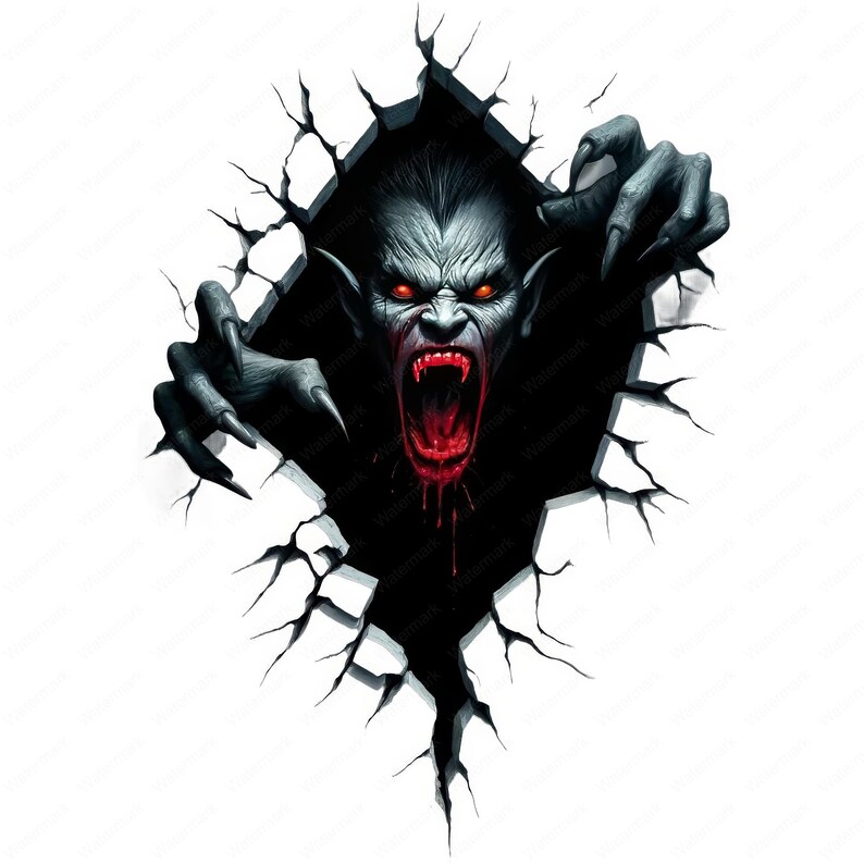 Puede incluir: Un monstruo aterrador con ojos rojos, dientes afilados y garras, irrumpe a trav&eacute;s de una pared agrietada. El monstruo es gris oscuro y tiene sangre goteando de su boca.