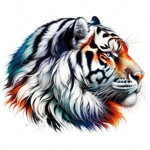 May include: A colorful, stylized illustration of a tiger's head in profile. The tiger's fur is rendered in shades of blue, white, and orange, creating a vibrant and abstract effect.