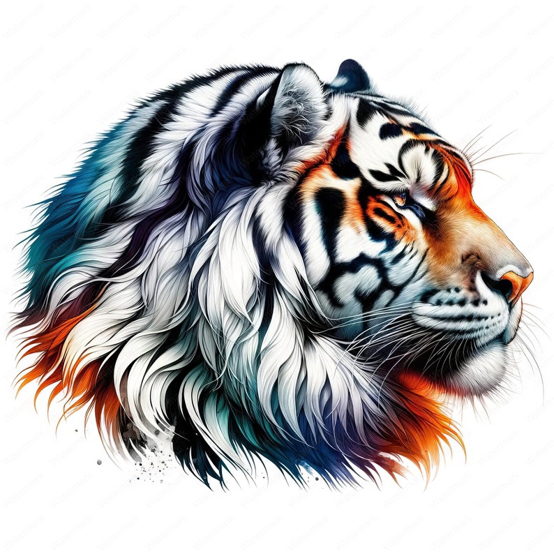 May include: A colorful, stylized illustration of a tiger's head in profile. The tiger's fur is rendered in shades of blue, white, and orange, creating a vibrant and abstract effect.