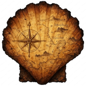 May include: A vintage-style treasure map in a seashell shape, with a compass rose and handwritten text that reads "Mico Buske" and "Henjaro Awake".