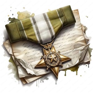 K&ouml;nnte beinhalten: Eine goldene sternf&ouml;rmige Medaille mit einem Kranz um den Stern und einem f&uuml;nfzackigen Stern in der Mitte. Die Medaille liegt auf einem gefalteten Blatt Papier mit handschriftlichem Text. Die Medaille ist an einem gr&uuml;n-wei&szlig; gestreiften Band befestigt.