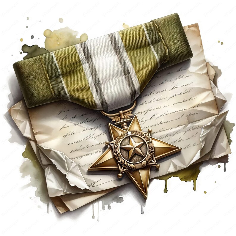 K&ouml;nnte beinhalten: Eine goldene sternf&ouml;rmige Medaille mit einem Kranz um den Stern und einem f&uuml;nfzackigen Stern in der Mitte. Die Medaille liegt auf einem gefalteten Blatt Papier mit handschriftlichem Text. Die Medaille ist an einem gr&uuml;n-wei&szlig; gestreiften Band befestigt.