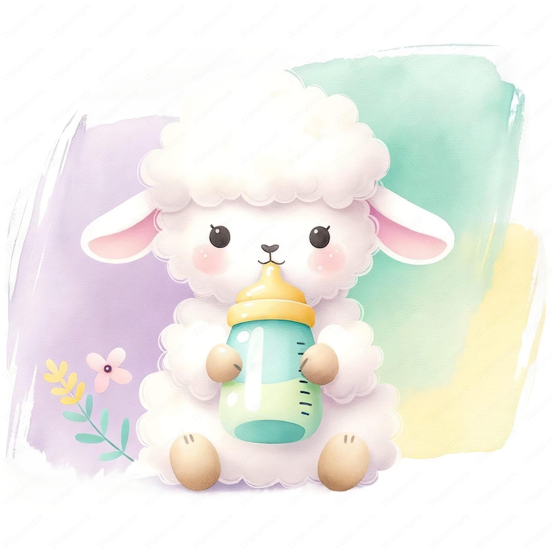 May include: A cute white lamb with pink ears is sitting and drinking from a blue and yellow baby bottle. The lamb is on a watercolor background with purple, green, and yellow colors.