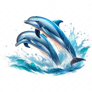 Puede incluir: Dos delfines azules saltan fuera del agua, creando una salpicadura de espuma blanca. Los delfines est&aacute;n en el aire, sus cuerpos arqueados y sus colas extendidas. El agua es de un azul vibrante, y el fondo es un cielo blanco.