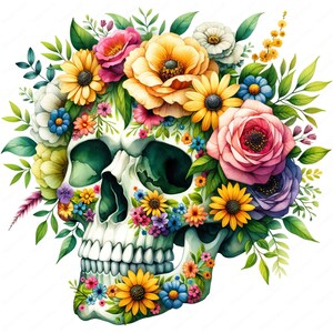 Puede incluir: Un cr&aacute;neo humano blanco con una corona de flores de colores, incluyendo amarillo, rosa, morado y azul, a su alrededor. El cr&aacute;neo est&aacute; pintado de verde en las cuencas de los ojos.