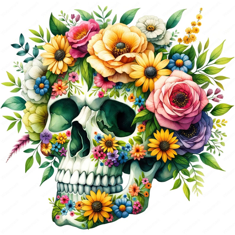 Puede incluir: Un cr&aacute;neo humano blanco con una corona de flores de colores, incluyendo amarillo, rosa, morado y azul, a su alrededor. El cr&aacute;neo est&aacute; pintado de verde en las cuencas de los ojos.
