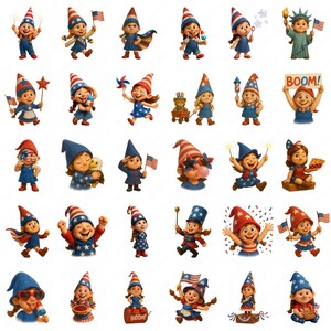Patriotic Girl Gnome Clipart PNG, 30 modèles haute résolution, graphiques pour enfants du 4 juillet, téléchargement immédiat, usage Commercial
