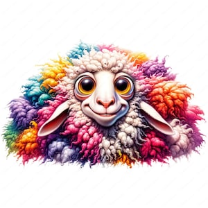 May include: A colorful sheep with a fluffy, rainbow-colored fleece. The sheep has large, brown eyes and a friendly smile.