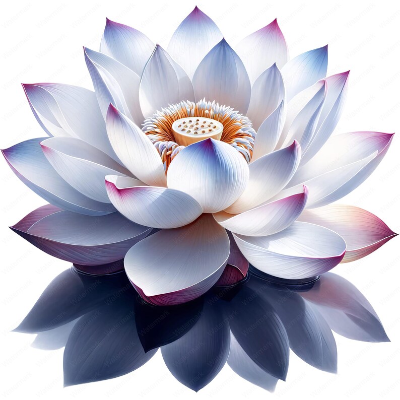 May include: A white lotus flower with pink edges and a yellow center. The flower is in bloom and has many petals. The flower is reflected in the water below.