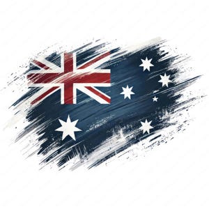 May include: A blue, red, and white Australian flag painted with brushstrokes on a white background.