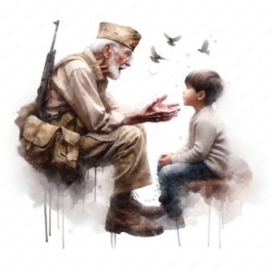 K&ouml;nnte beinhalten: Ein Aquarellbild eines &auml;lteren Mannes in Milit&auml;runiform, der mit einem jungen Jungen spricht. Der Mann tr&auml;gt eine M&uuml;tze mit einer Flagge darauf. Der Junge tr&auml;gt einen wei&szlig;en Pullover und eine blaue Jeans. Im Hintergrund fliegen V&ouml;gel.