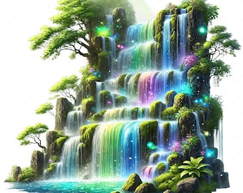 May include: A multi-tiered waterfall cascades down a mossy rock face, surrounded by lush greenery. The water is sparkling and iridescent, with a rainbow effect. The scene is magical and ethereal.