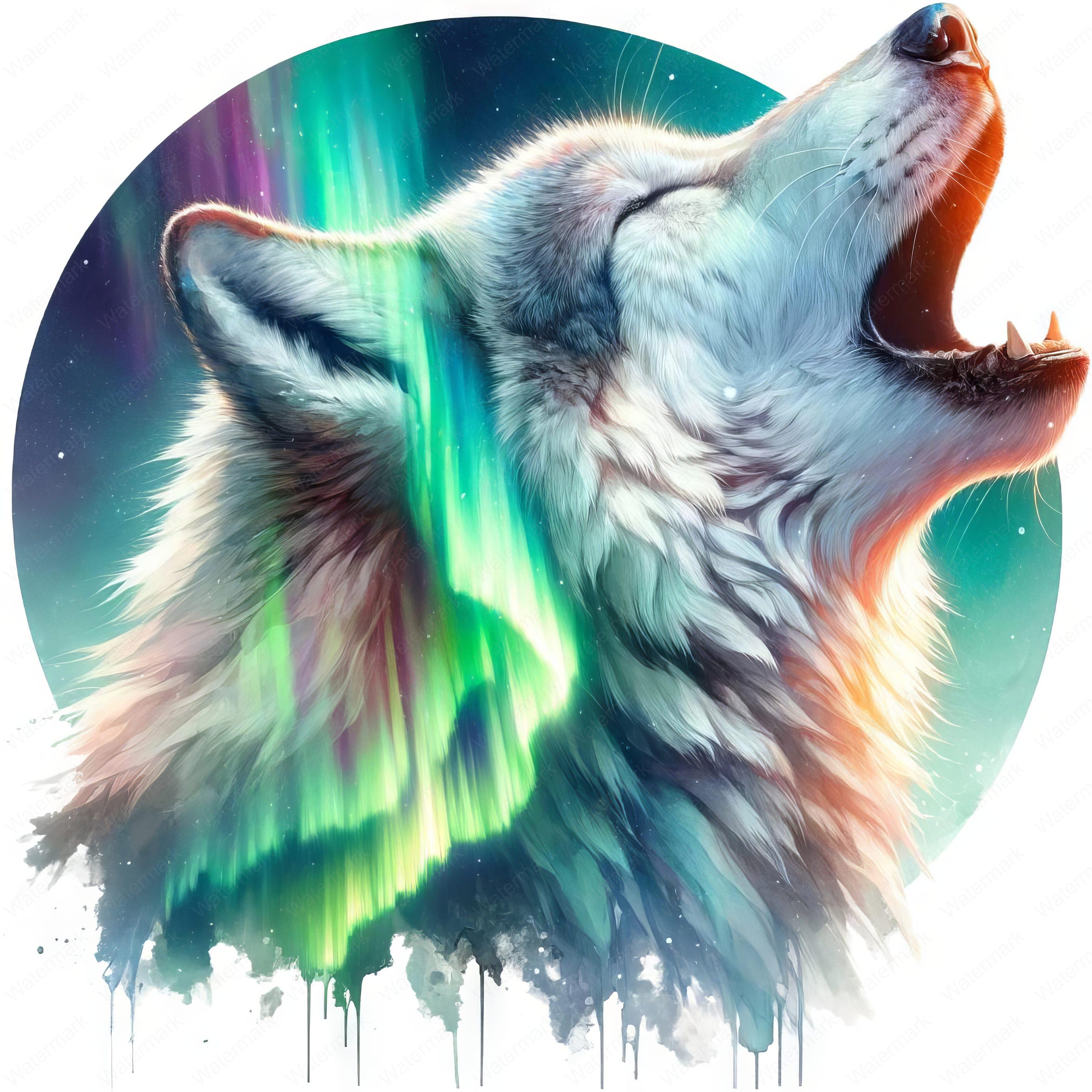 オーロラウルフ クリップアート バンドル: 神秘的なオーロラアート (デジタルダウンロード)