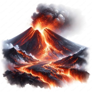 Könnte beinhalten: Ein feuriger Vulkanausbruch mit Lava, die den Hang des Berges hinunterfließt. Rauch und Asche steigen in die Luft und erzeugen ein dramatisches Bild.