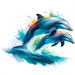 Puede incluir: Dos delfines azules saltan fuera del agua, creando una salpicadura de acuarelas coloridas. Los delfines est&aacute;n en el aire, con sus colas y aletas extendidas. El fondo es un lienzo blanco con un efecto de acuarela.