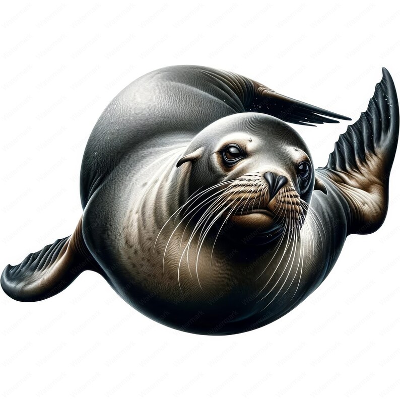 May include: A close-up of a grey and brown sea lion with its head turned to the side and its mouth closed. The sea lion has a long snout and whiskers. The sea lion is swimming in the water.