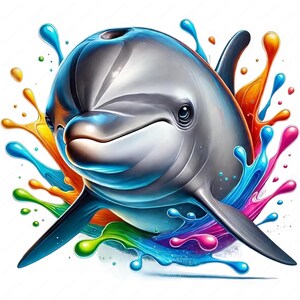 Puede incluir: Un delf&iacute;n gris saltando a trav&eacute;s de un chorro de pintura colorida. El delf&iacute;n est&aacute; mirando al espectador con la boca cerrada. La pintura es en tonos de azul, verde, naranja, rosa y amarillo.