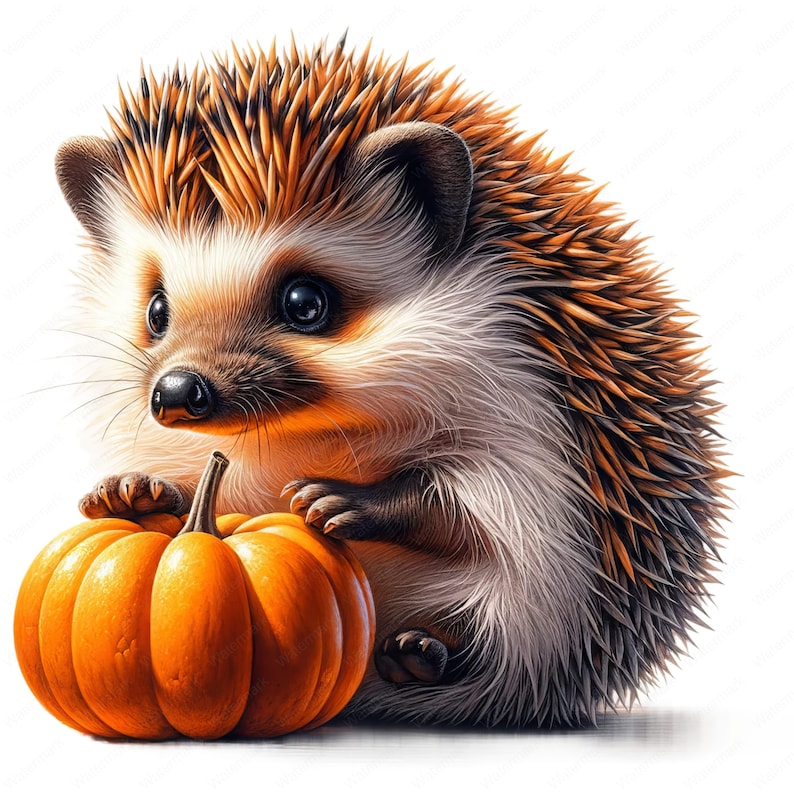 May include: A small hedgehog with brown and white fur and a brown nose holds an orange pumpkin in its paws.