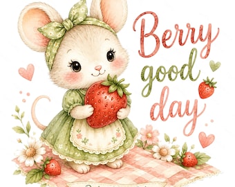 Pocket Picnic Pals Clipart, Mouse Strawberry PNG, Summer Sticker Art (Digital Download)