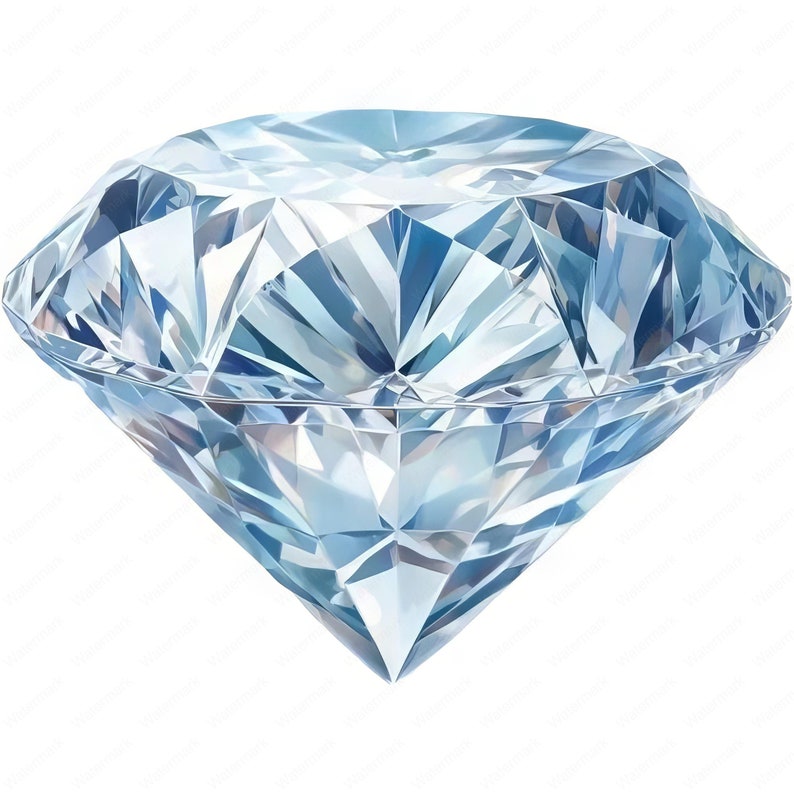 May include: A large, clear, faceted diamond with a blue hue.