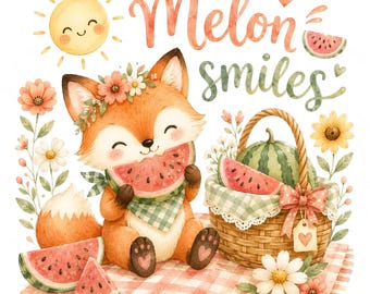 Fox Picnic Clipart, Watermelon Fox, Summer Fruit Art, Animal PNG (Digital Download)
