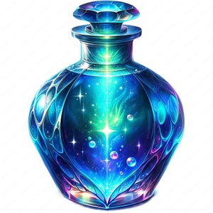 May include: A glass bottle with a blue, green, and purple iridescent finish. The bottle is filled with a swirling liquid that resembles a galaxy with stars and nebulae.