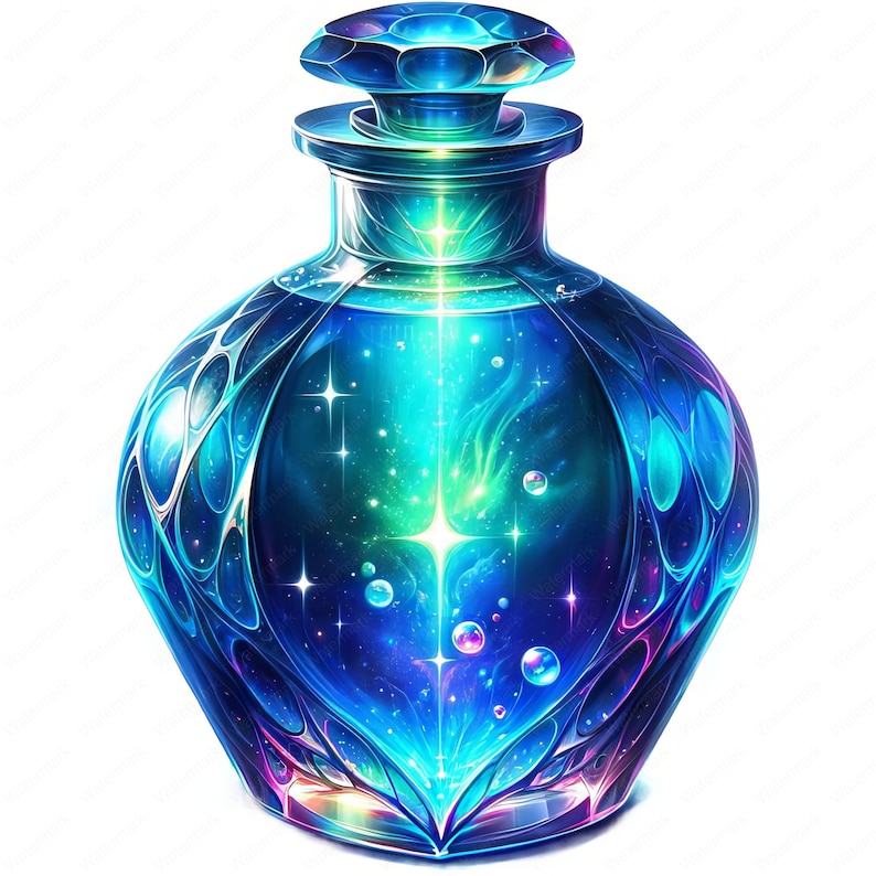 May include: A glass bottle with a blue, green, and purple iridescent finish. The bottle is filled with a swirling liquid that resembles a galaxy with stars and nebulae.