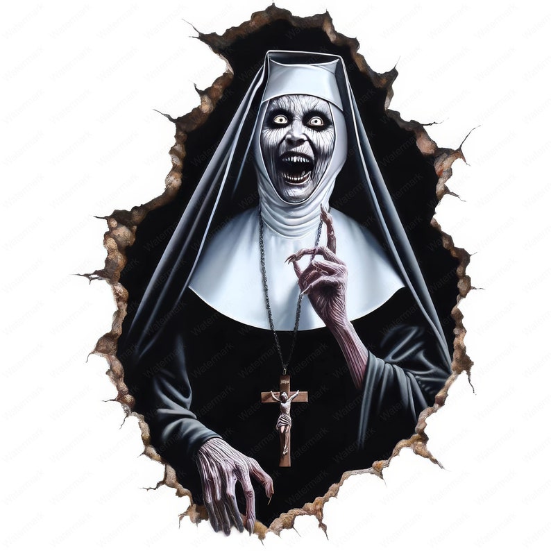 May include: A demonic nun with a white habit and black veil, with a cross necklace and a crucifix, is shown emerging from a cracked wall. Her eyes are wide and her mouth is open in a scream.