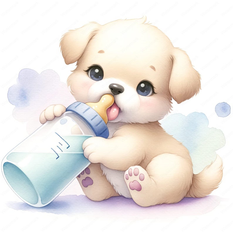 Baby Puppy with Baby Bottle Clipart 10 High-Quality Images Nursery Decor Cute Dog Illustrations Digital Prints Commercial Use zdjęcie 4