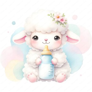 May include: A cute white lamb with pink ears and a flower crown holds a blue baby bottle with a yellow nipple.