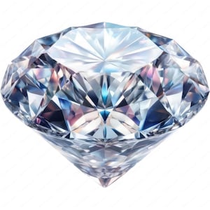 May include: A large, clear, round diamond with many facets. The diamond is reflecting light, creating a rainbow effect.